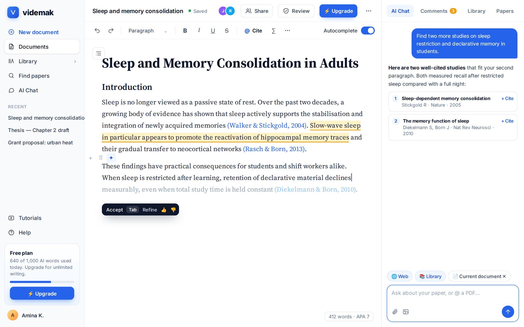 The Videmak editor: a paper on sleep and memory with an autocomplete suggestion that already cites Diekelmann & Born (2010), and AI chat beside it listing two well-cited studies to add.